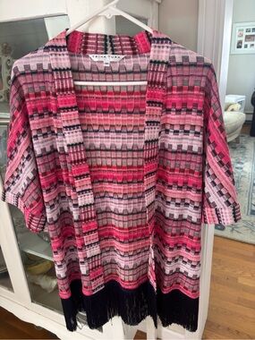 Trina Turk Pink Patterned Open Front Fringe Kimono